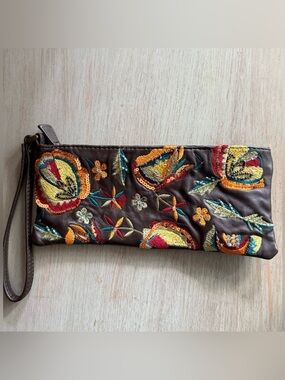 Arden B Y2K Embroidered Beaded Leather Wristlet Clutch Floral Brown Cocktail Bag